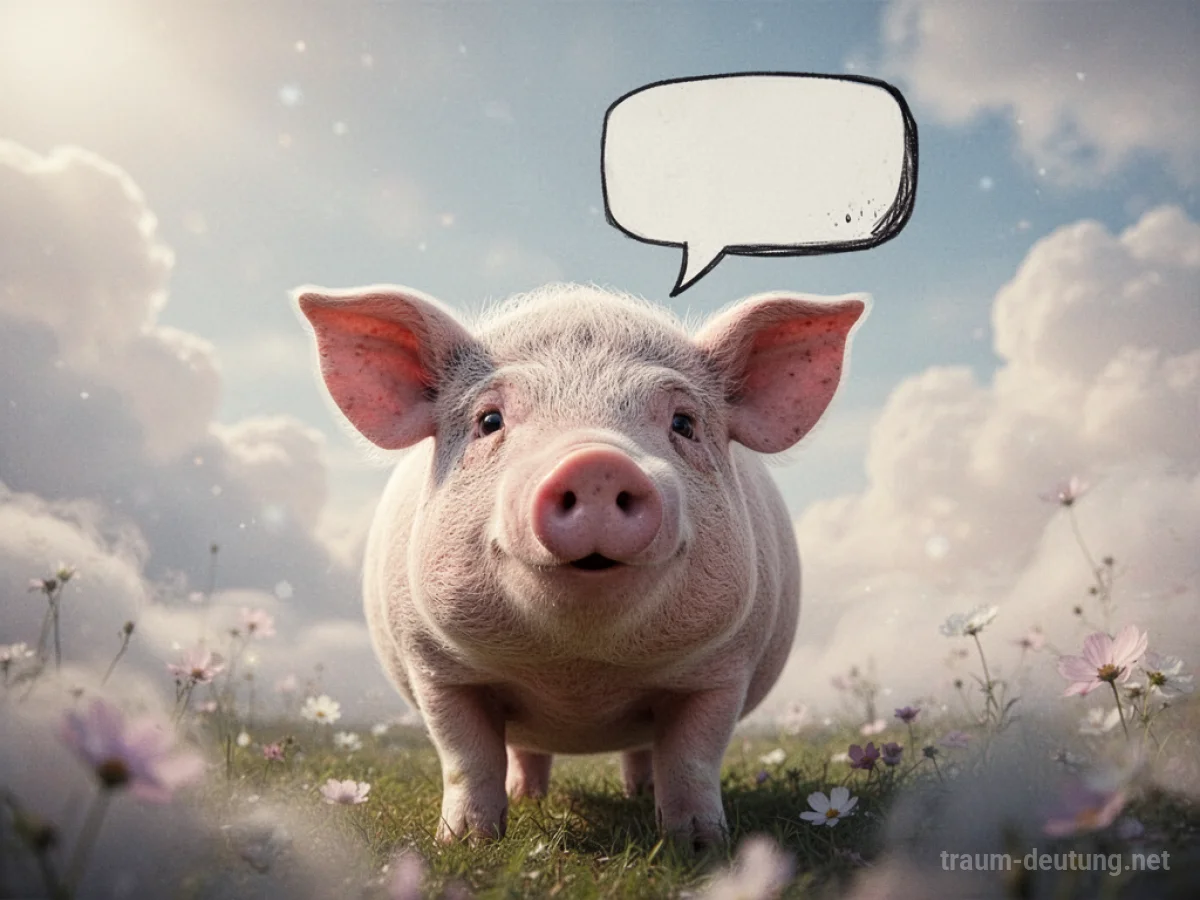 Ein freundliches Schwein mit einem Sprechblasen über dem Kopf.