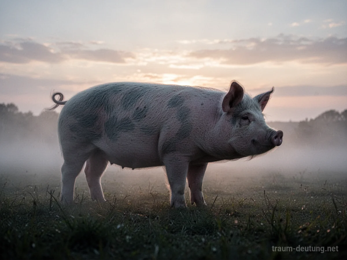 Silhouette eines Schweins, das im Nebel verblasst im Morgengrauen.