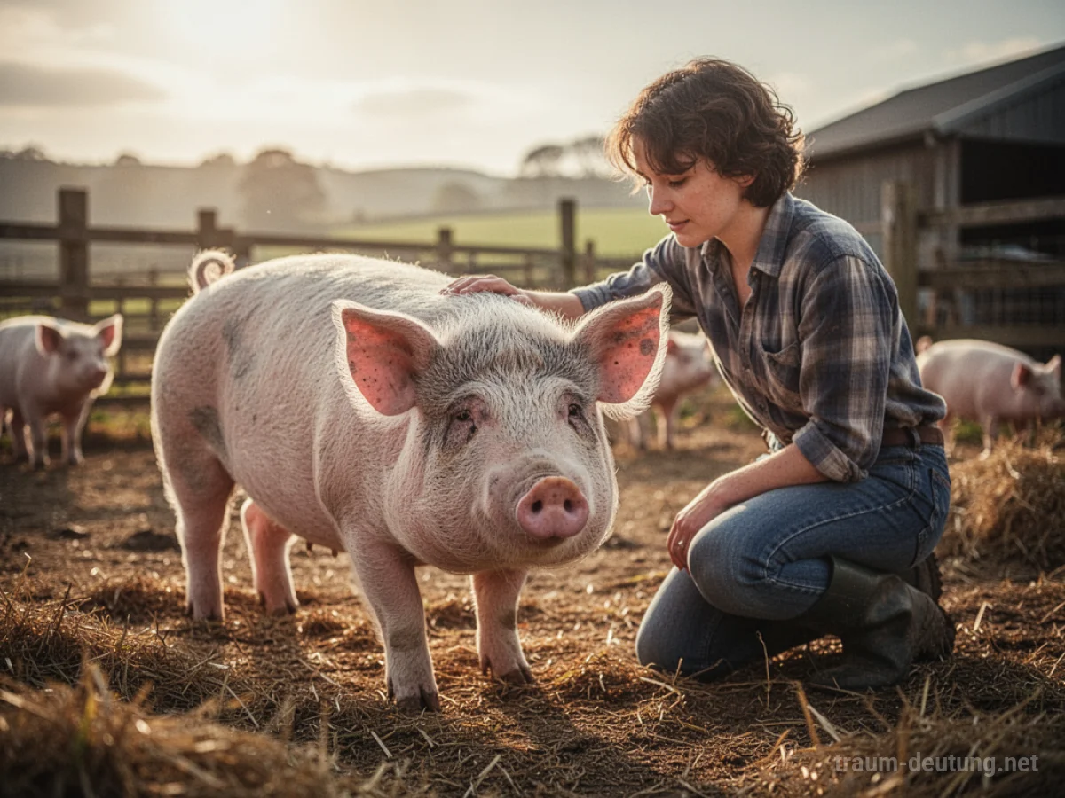 Eine Person streichelt sanft ein Schwein auf einem Bauernhof.