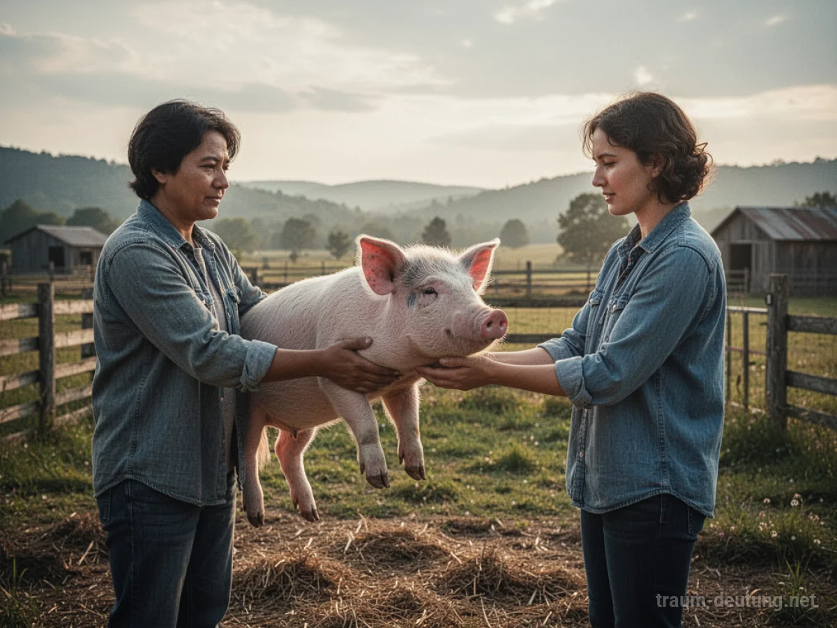 Person übergibt ein Schwein an eine andere Person auf einem Bauernhof.
