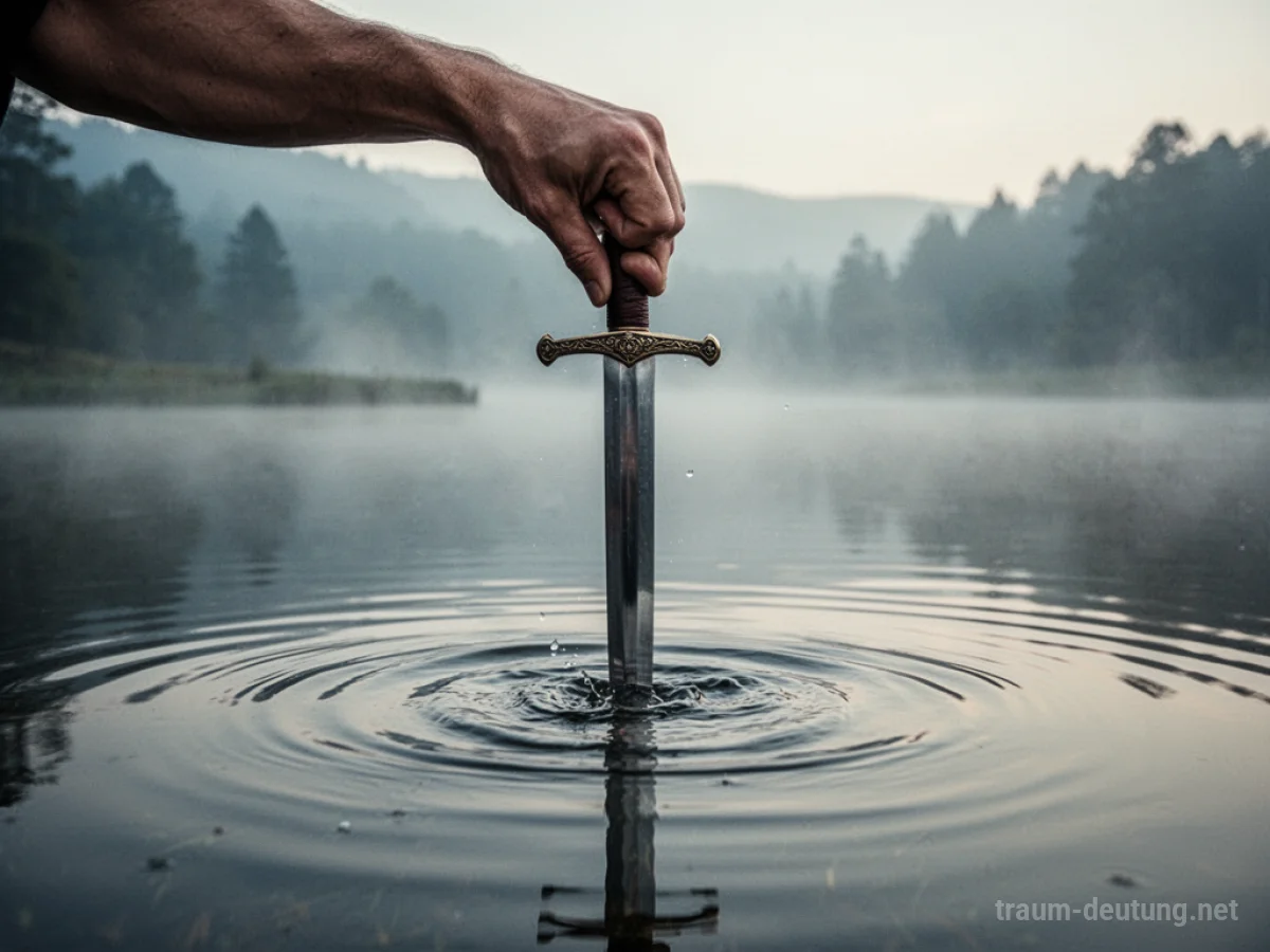 Hand lässt ein Schwert in ruhiges Wasser fallen.