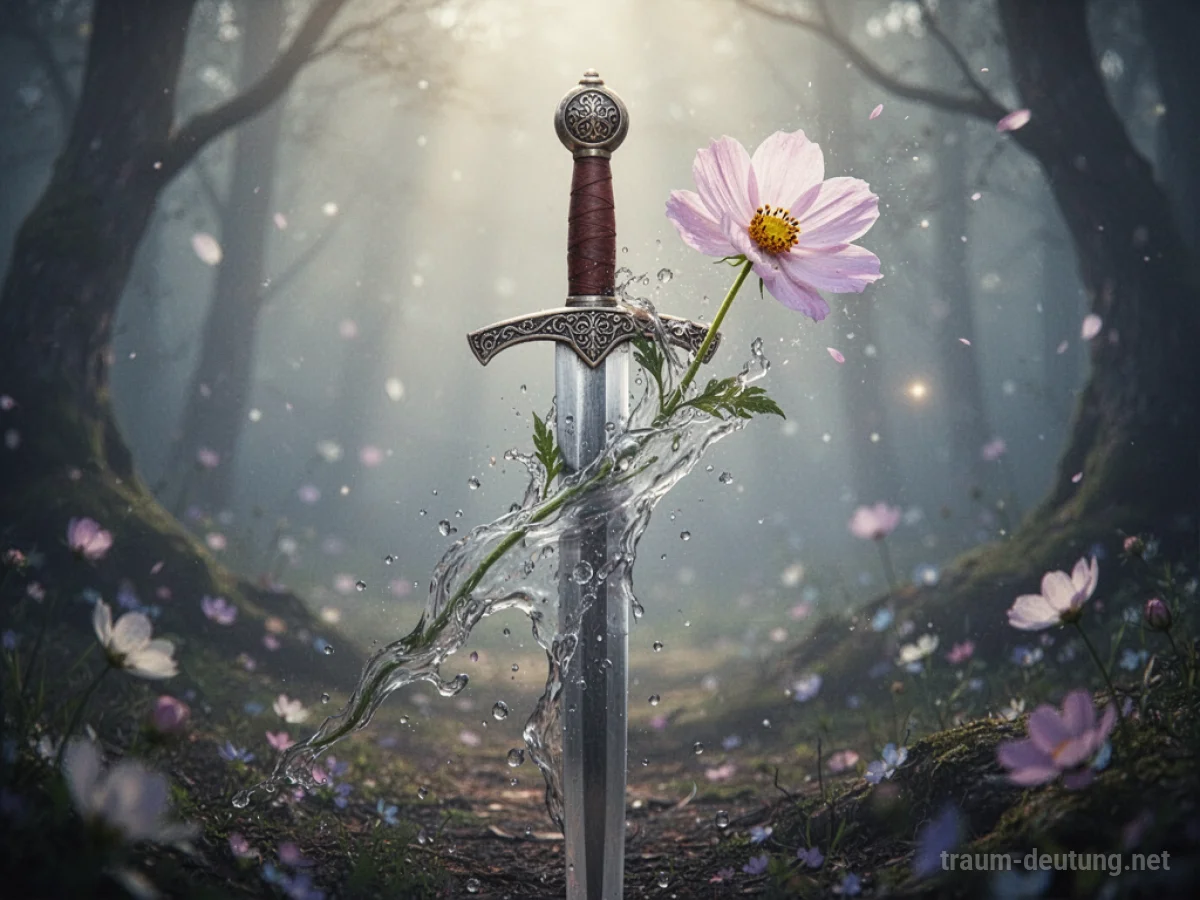 Ein mittelalterliches Schwert verwandelt sich langsam in eine Blume.