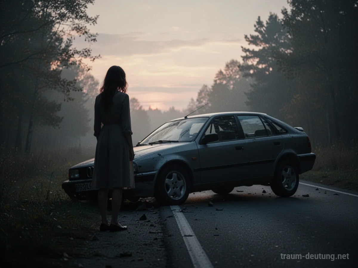 Symbolische Darstellung einer Schwester in der Nähe eines leicht von der Straße abgekommenen Autos im Zwielicht.