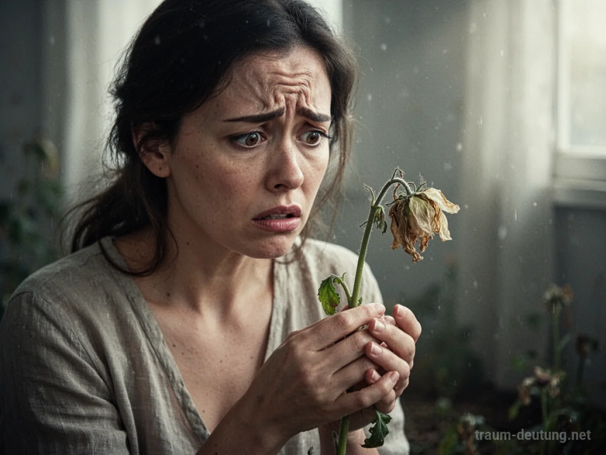 Eine Frau betrachtet besorgt eine welkende Blume.