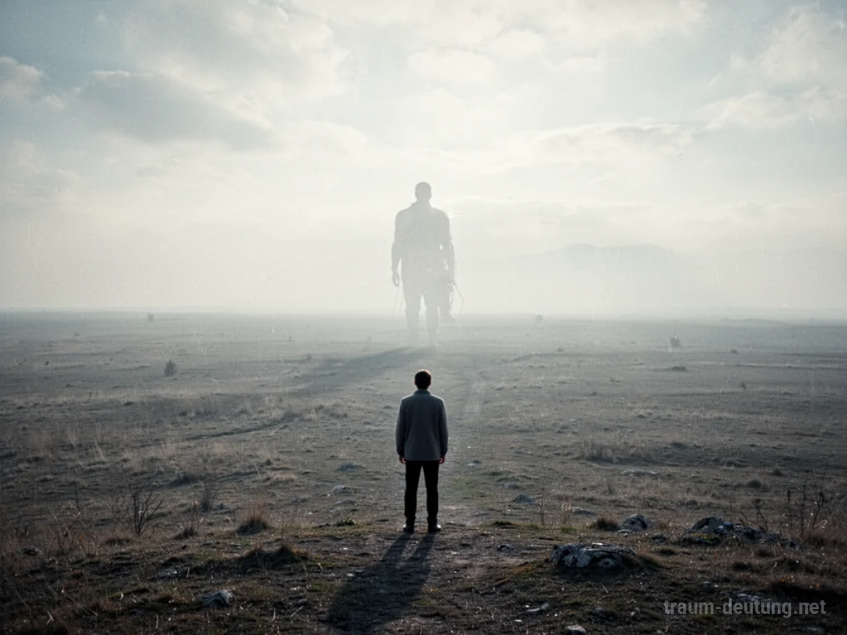 Eine einsame Figur am Rand einer weiten Landschaft, blickt auf eine ferne Silhouette.