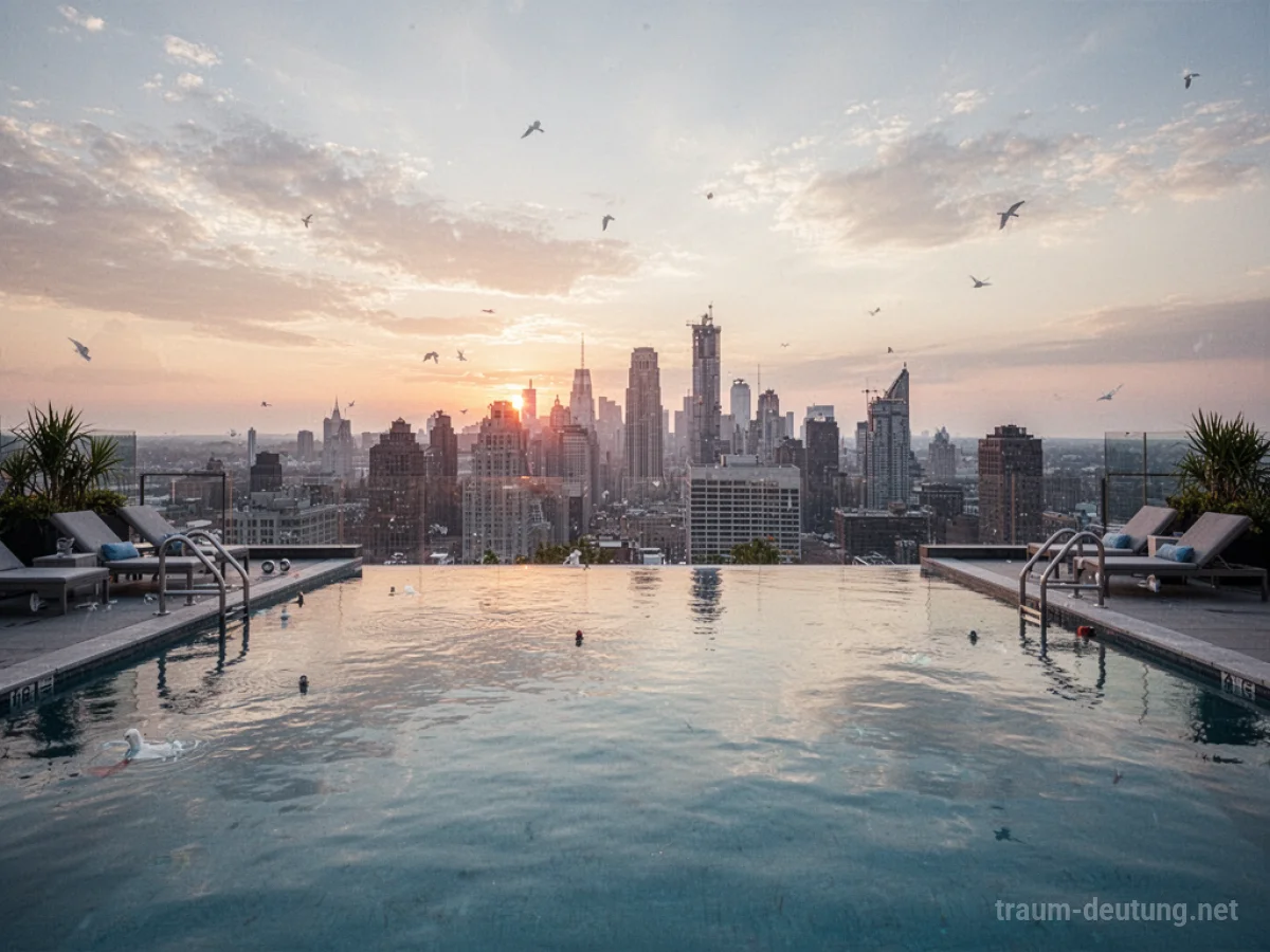 Schwimmbad auf einem Dach mit Blick auf Stadt bei Sonnenuntergang