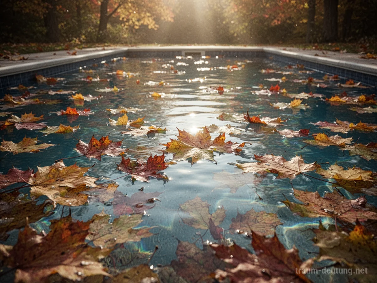 Schwimmbad voller bunter Herbstblätter im Sonnenlicht
