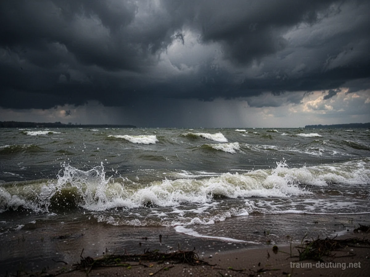 See in einem heftigen Sturm mit hohen Wellen und dunklen Wolken