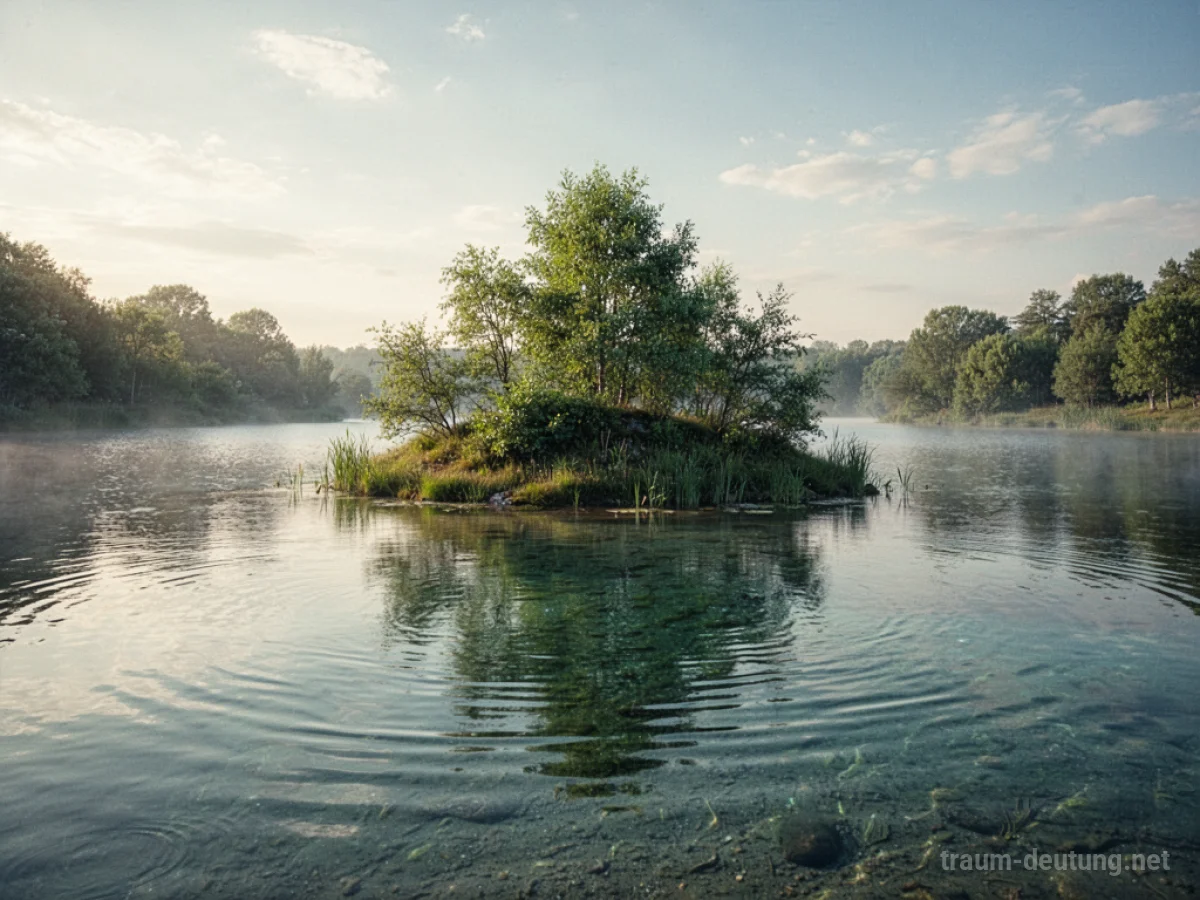Ein ruhiger See mit einer grünen Insel in der Mitte
