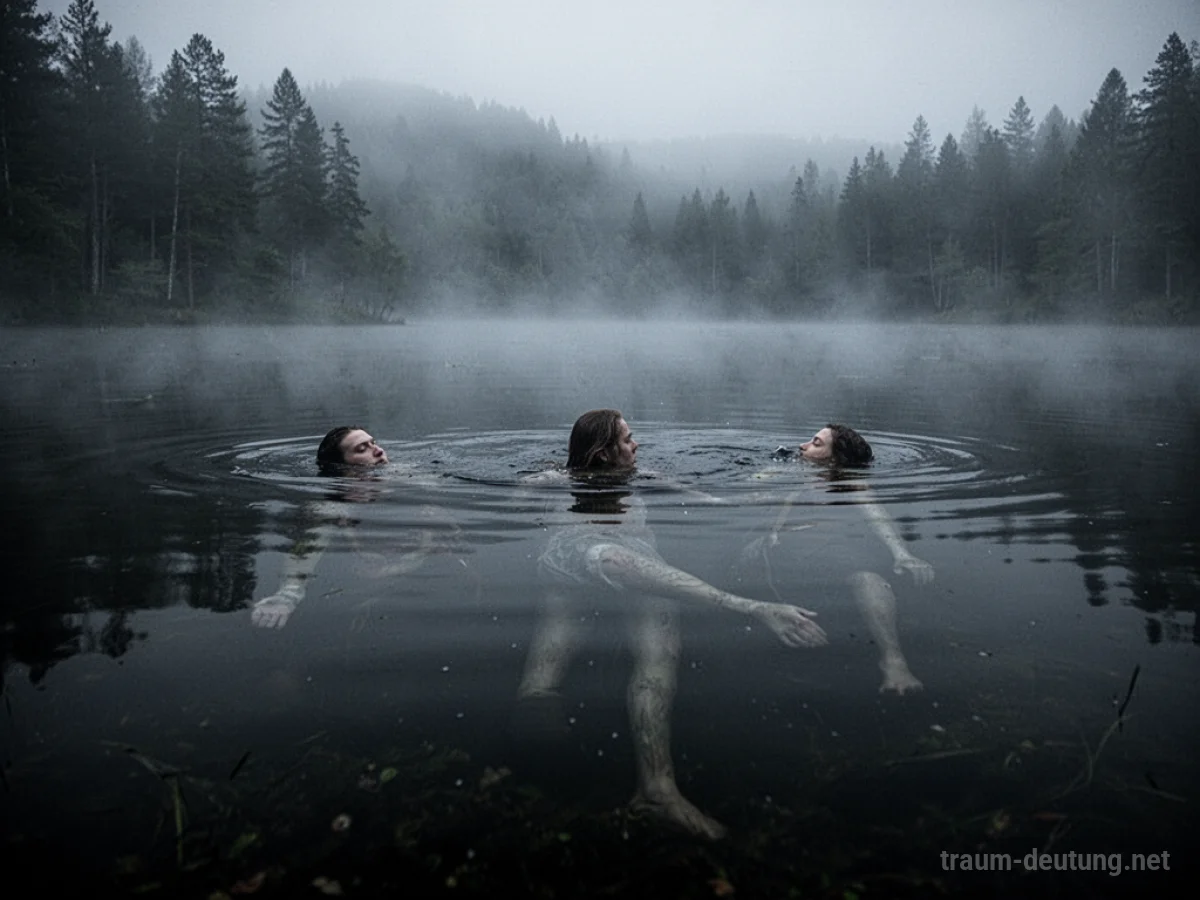 Dunkler See mit schemenhaften Figuren unter der Oberfläche im Nebel