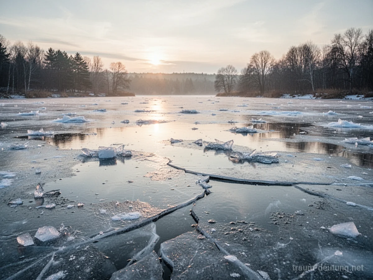 Ein See taut auf, Eis bricht, Wasser wird sichtbar