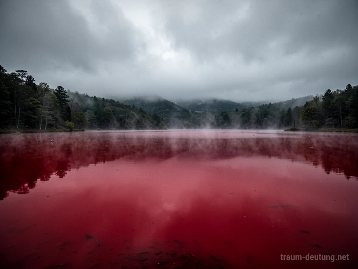 Ein stiller, tiefroter See unter einem grauen Himmel