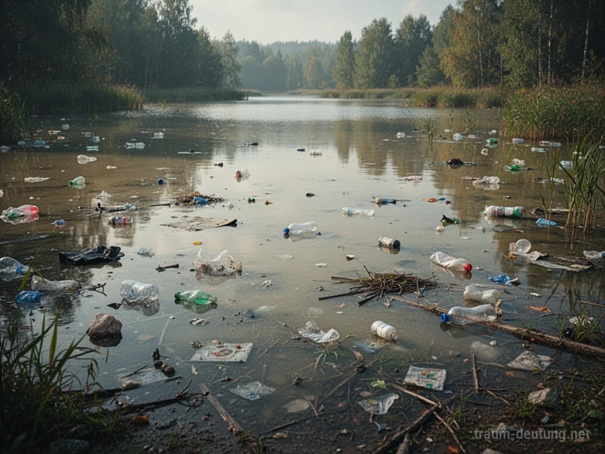 Ein See voller Müll im Traum, das Wasser ist trüb und mit Abfall bedeckt.