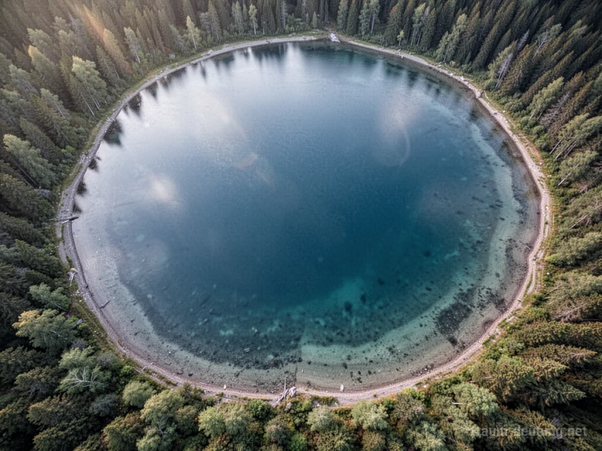 Ein See von oben betrachtet, mit klarem Wasser und sichtbarer Uferlinie.