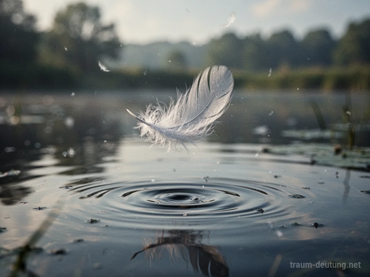 Eine einzelne, leuchtende Feder fällt sanft auf eine ruhige Wasseroberfläche.