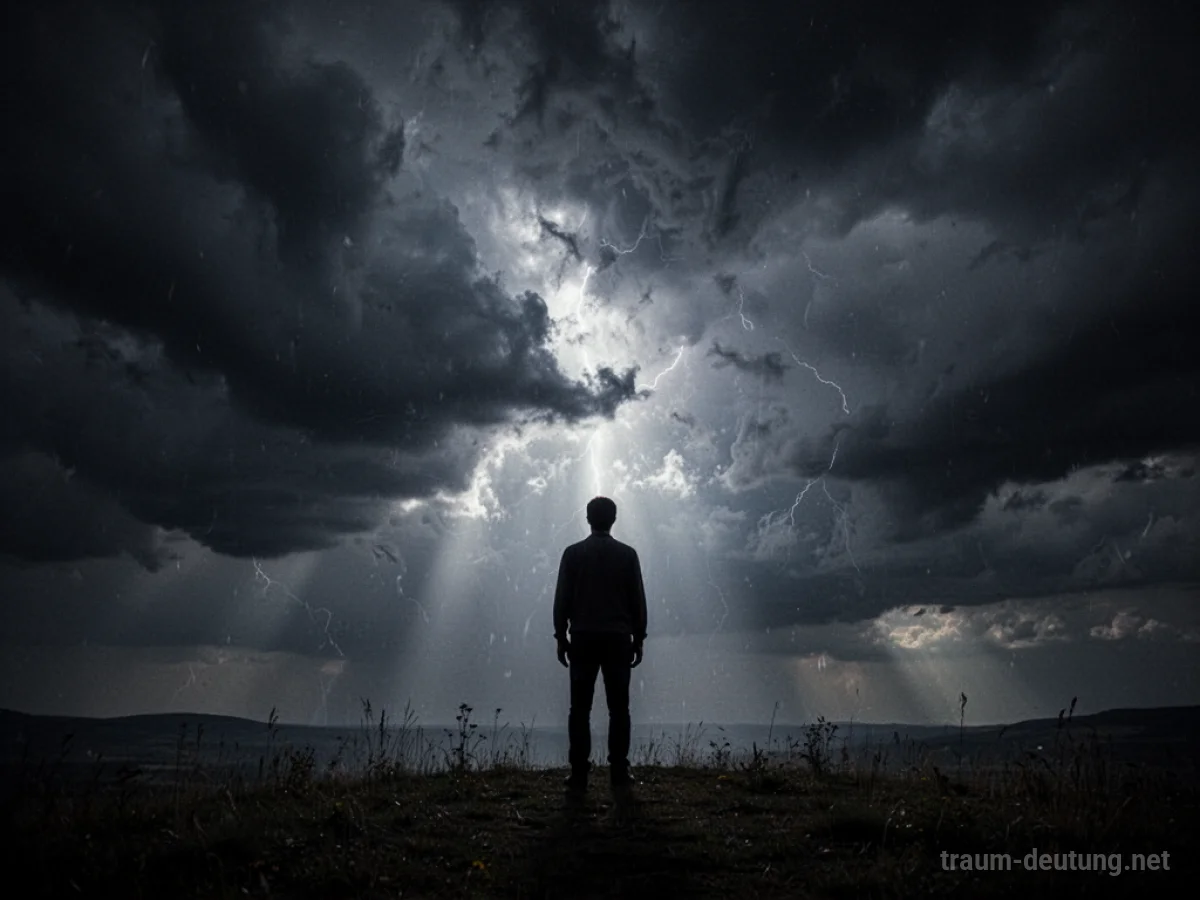 Silhouette einer Person im Sturm, kämpfend gegen dunkle Wolken.