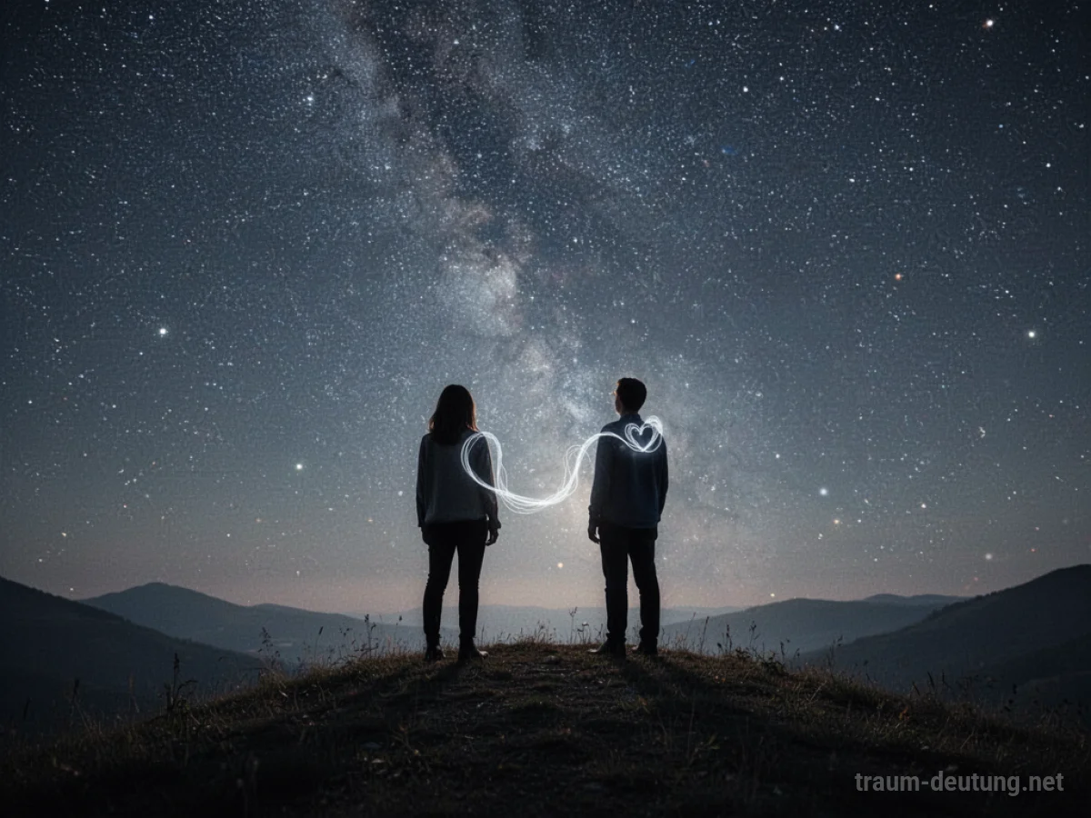Zwei Silhouetten stehen unter einem Sternenhimmel, verbunden durch ein leuchtendes Band.