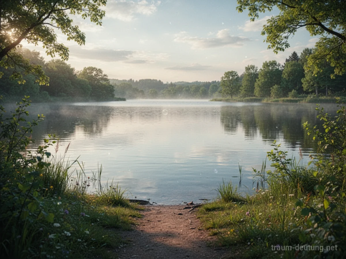 Ein ruhiges Seeufer mit sanftem Wasser und einem Weg, der zum Wasser führt.