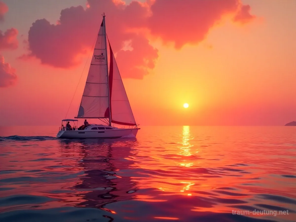 Segelboot fährt bei einem bunten Sonnenuntergang auf ruhigem Wasser.