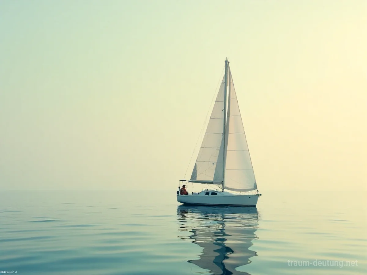 Ein Segelboot treibt auf ruhiger See ohne Wind, die Segel hängen schlaff herab.