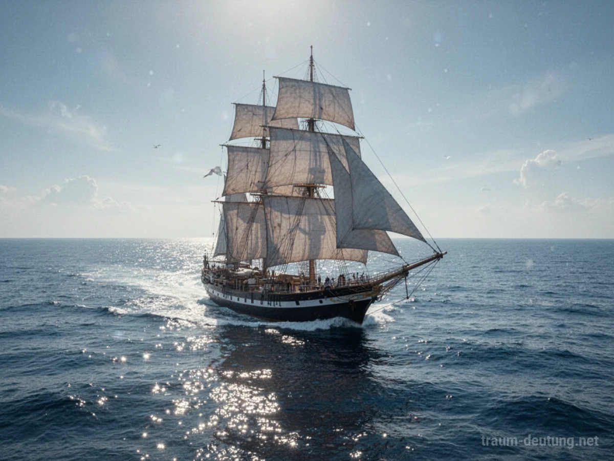 Ein Segelschiff mit weißen Segeln auf einem ruhigen, blauen Meer unter klarem Himmel.