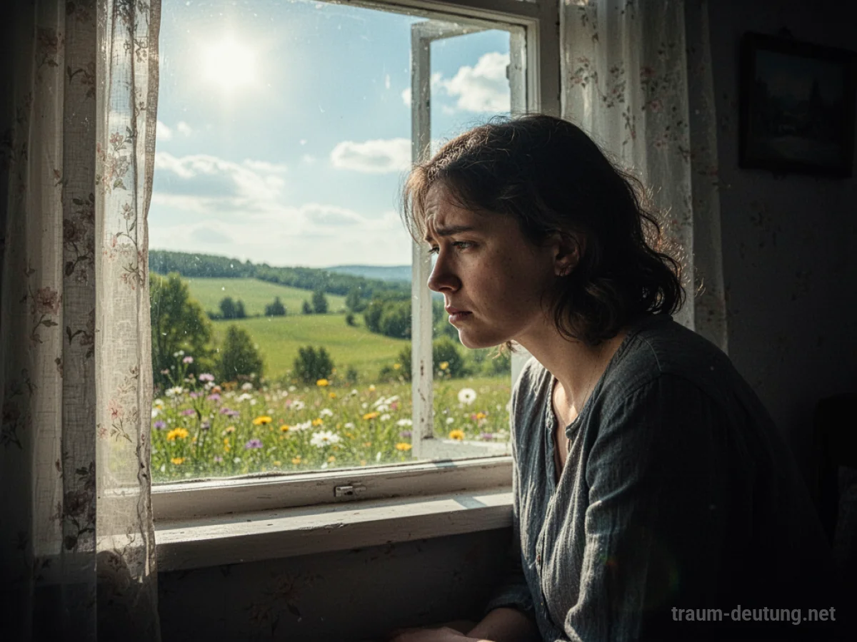Eine Person blickt sehnsüchtig aus einem Fenster in eine sonnige Sommerlandschaft.