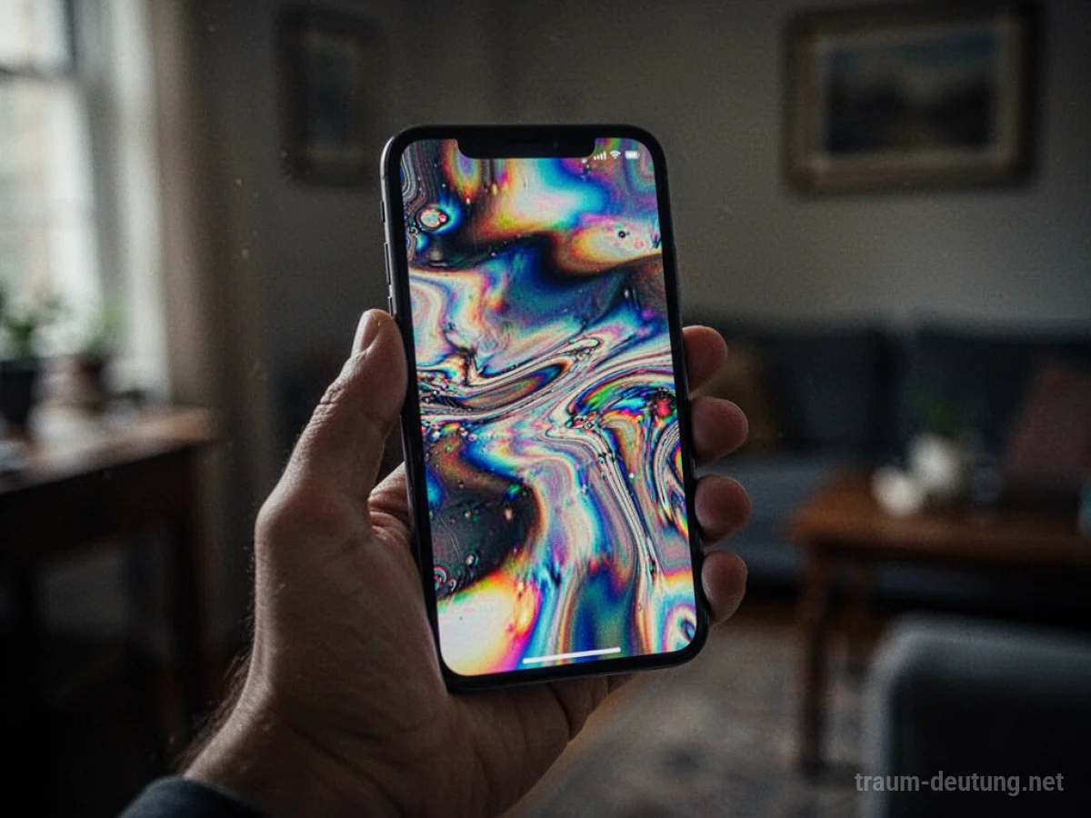 Ein Smartphone zeigt verzerrte, seltsame Bilder in einem dunklen Raum.