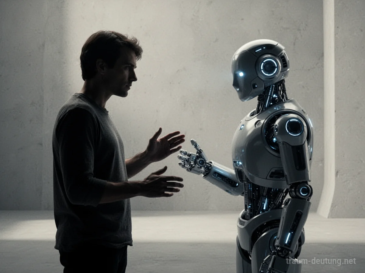 Silhouette einer Person neben einem futuristischen Roboter