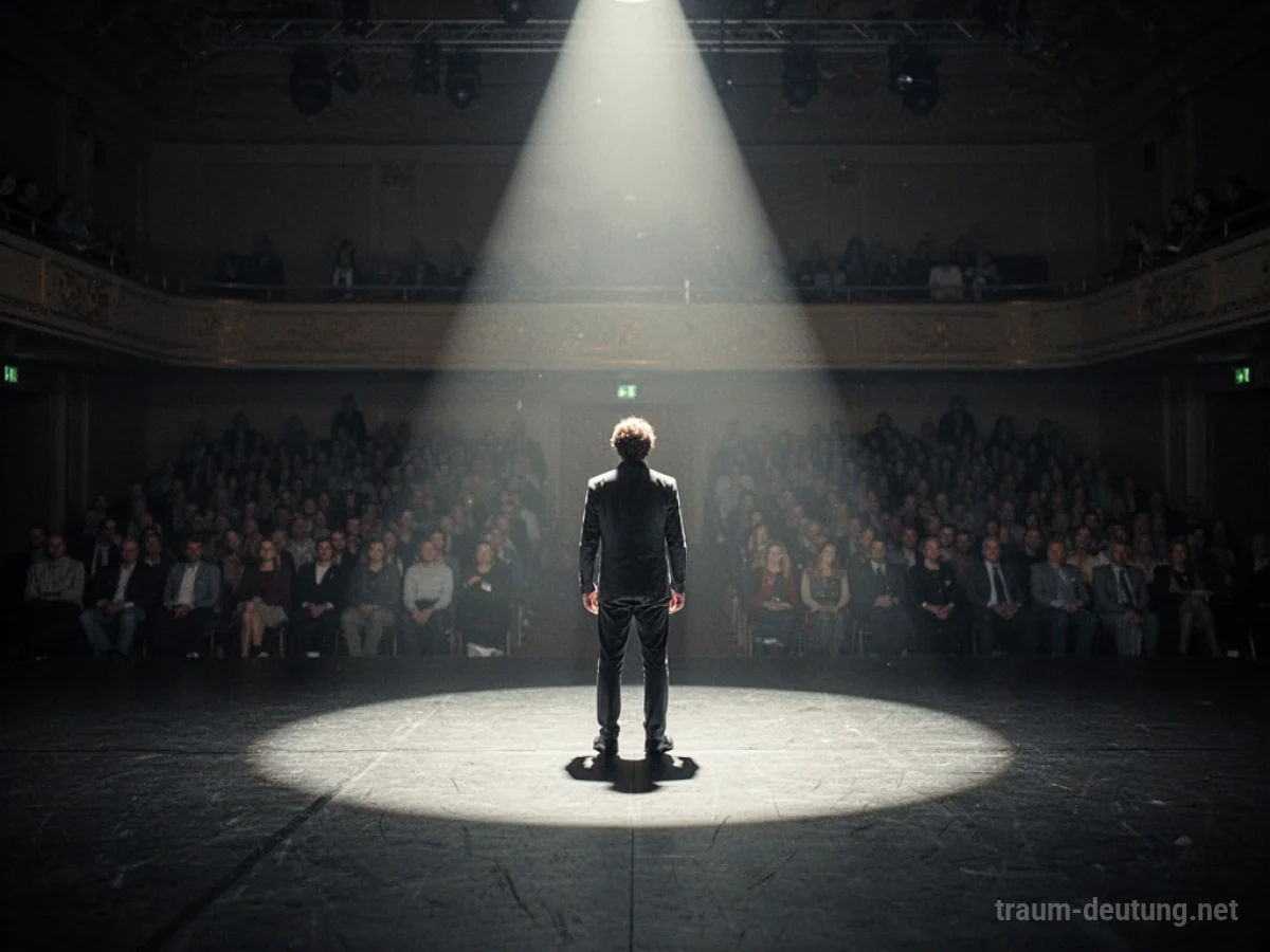 Eine Person steht allein im Rampenlicht auf einer Bühne, mit unscharfen Silhouetten im Hintergrund.