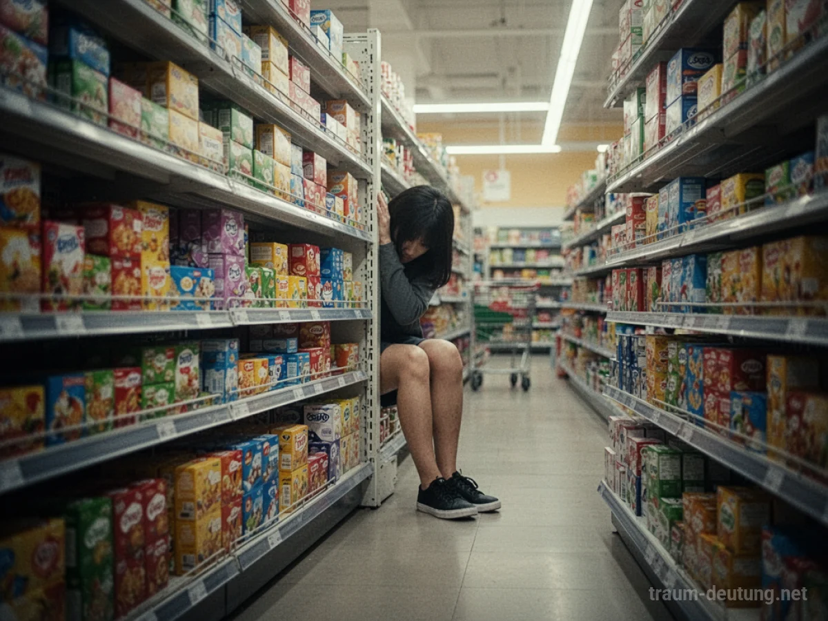 Beine verstecken sich hinter einem Supermarktregal