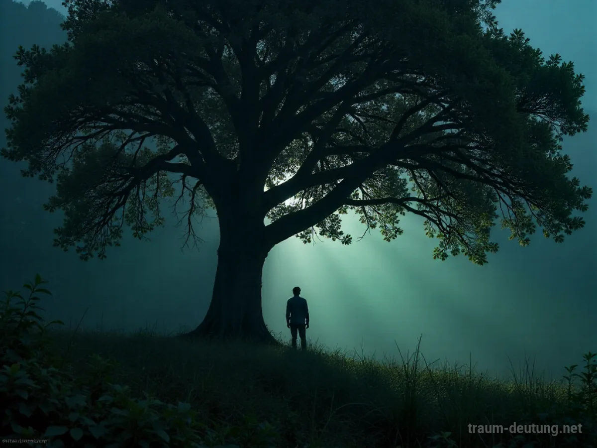 Silhouette einer Person, die sich hinter einem Baum versteckt und Schutz sucht.