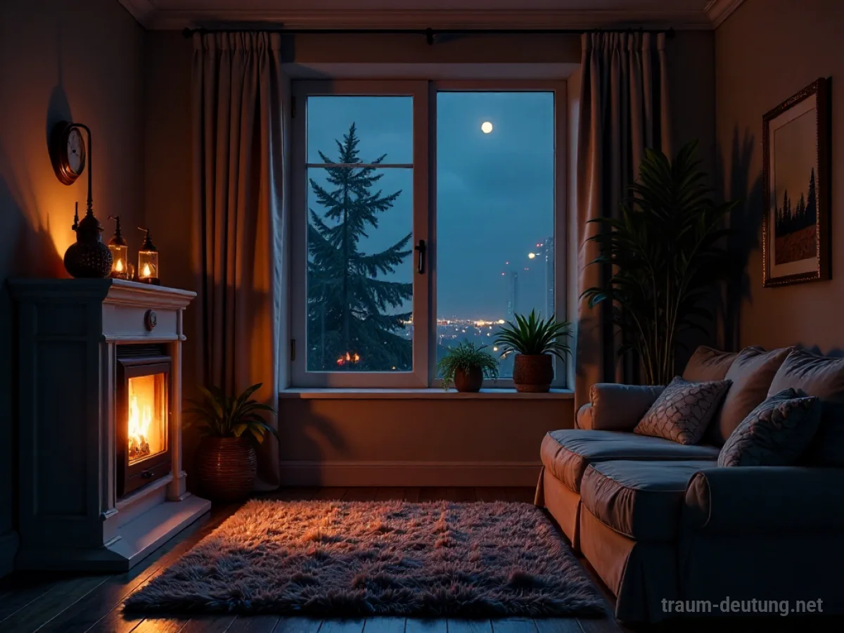 Ein gemütlicher Raum mit Kaminfeuer und Blick auf eine friedliche Nachtlandschaft.