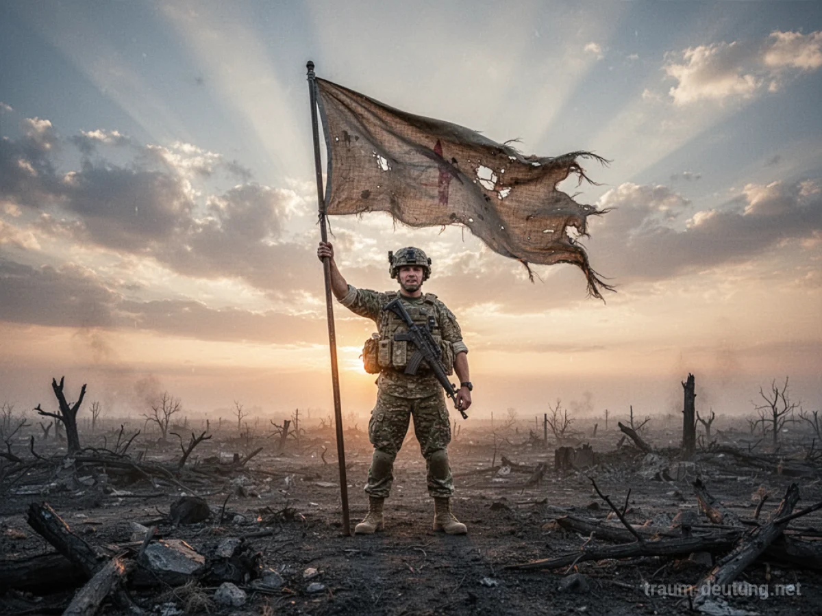 Soldat steht siegreich auf einem Schlachtfeld bei Sonnenuntergang