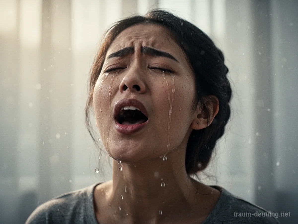 Eine Person singt, während Tränen über ihr Gesicht laufen, im sanften Licht.