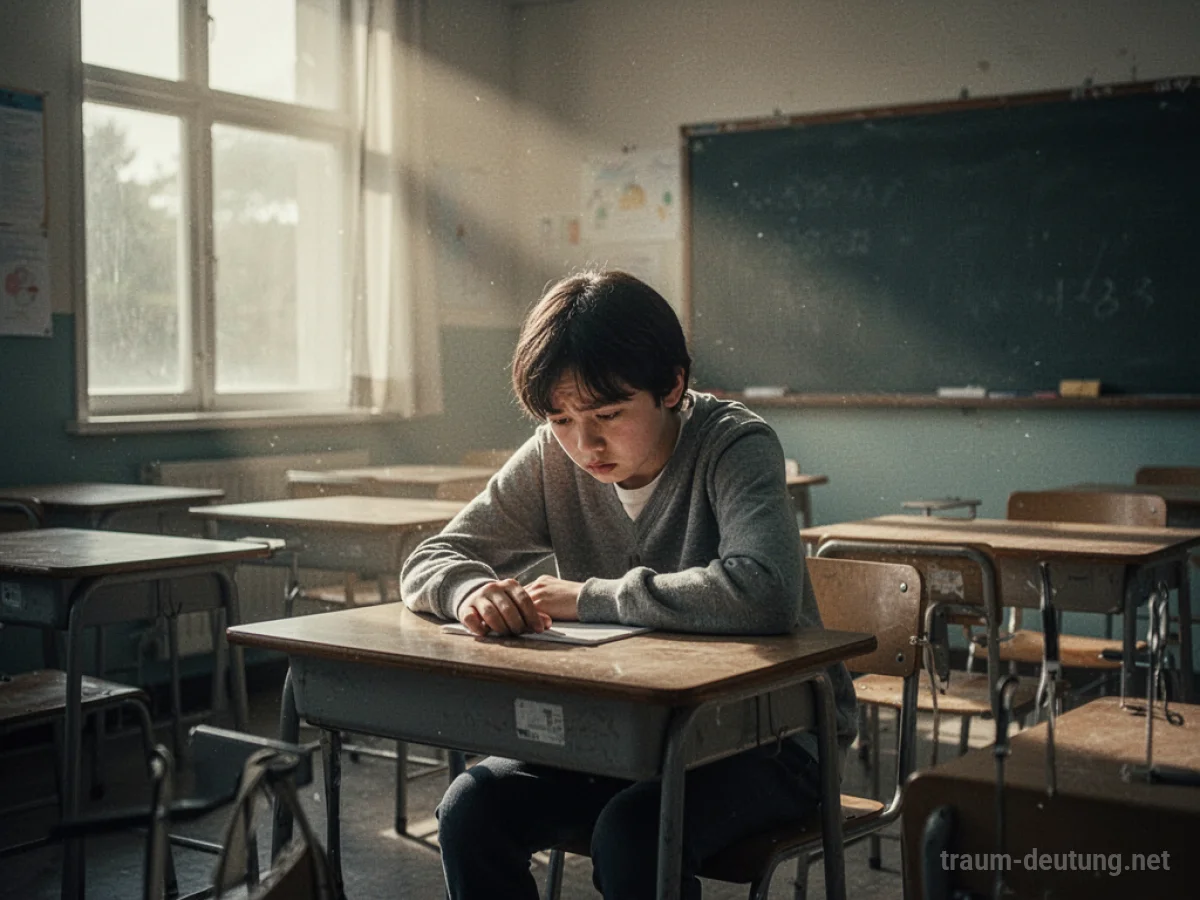 Schüler sitzt allein in einem leeren Klassenzimmer und blickt besorgt zu Boden.