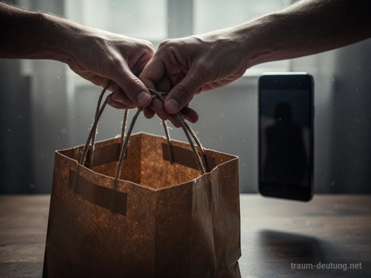 Leere Handtasche, aus der ein Smartphone verschwunden ist.