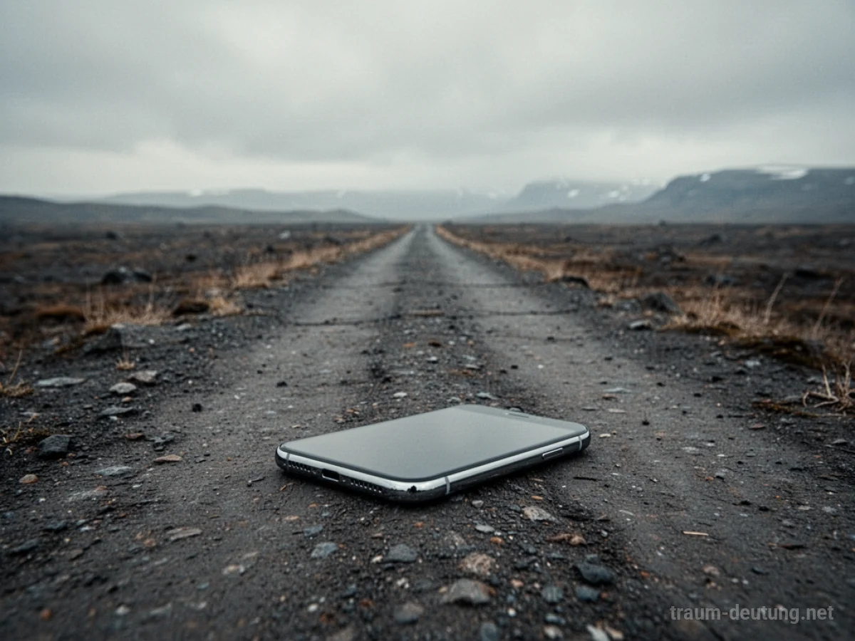 Ein einzelnes Smartphone liegt auf einem einsamen Weg in einer weiten Landschaft.