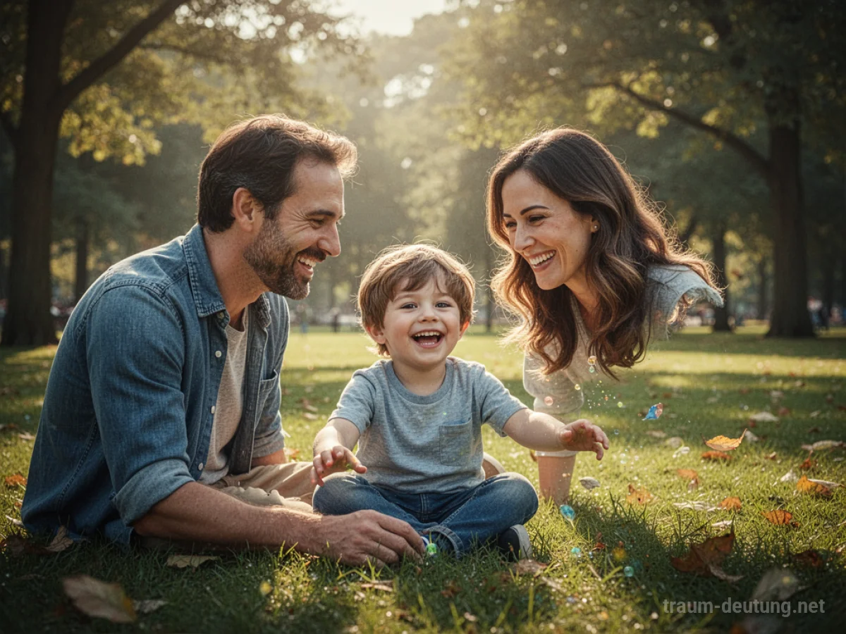 Ein Elternteil lächelt seinen glücklichen Sohn an, der in einem sonnigen Park spielt.