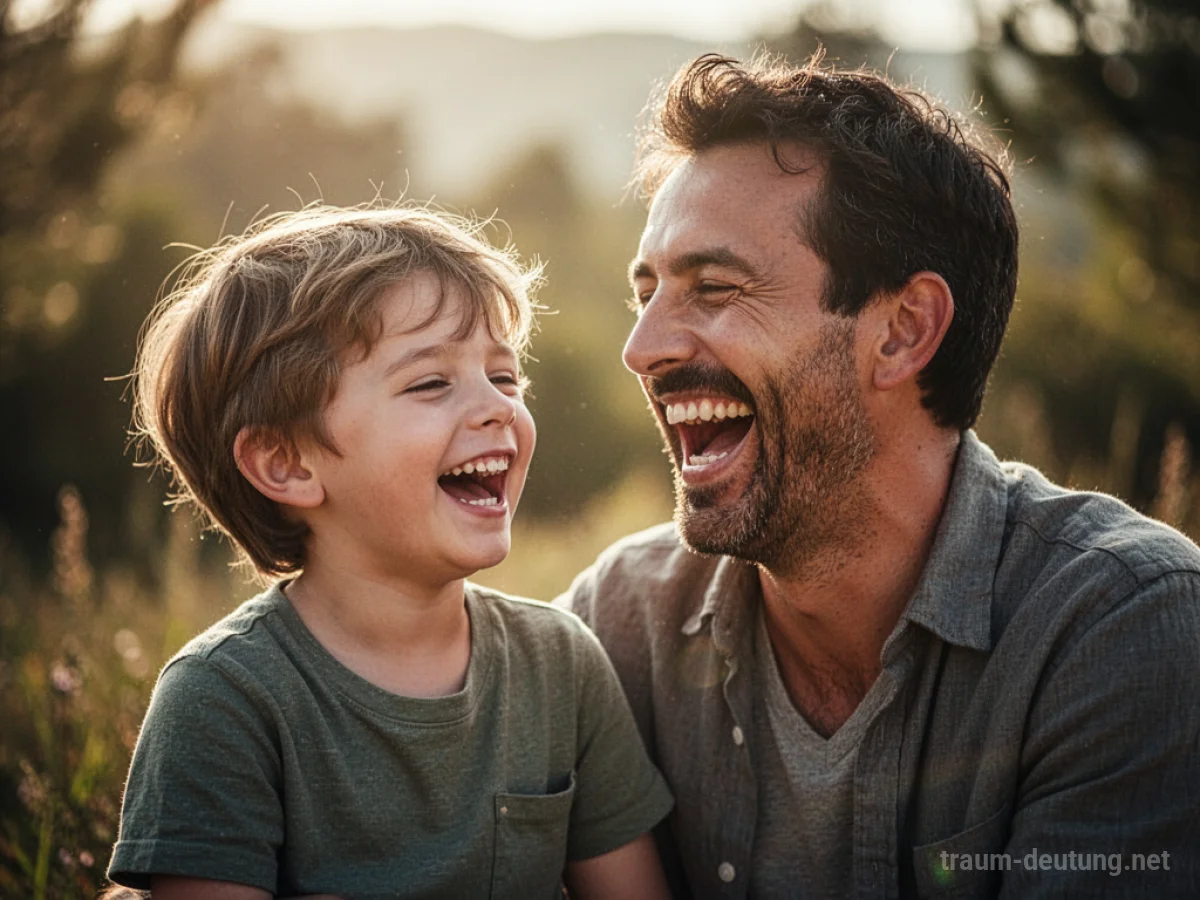 Vater und Sohn lachen gemeinsam unter freiem Himmel.