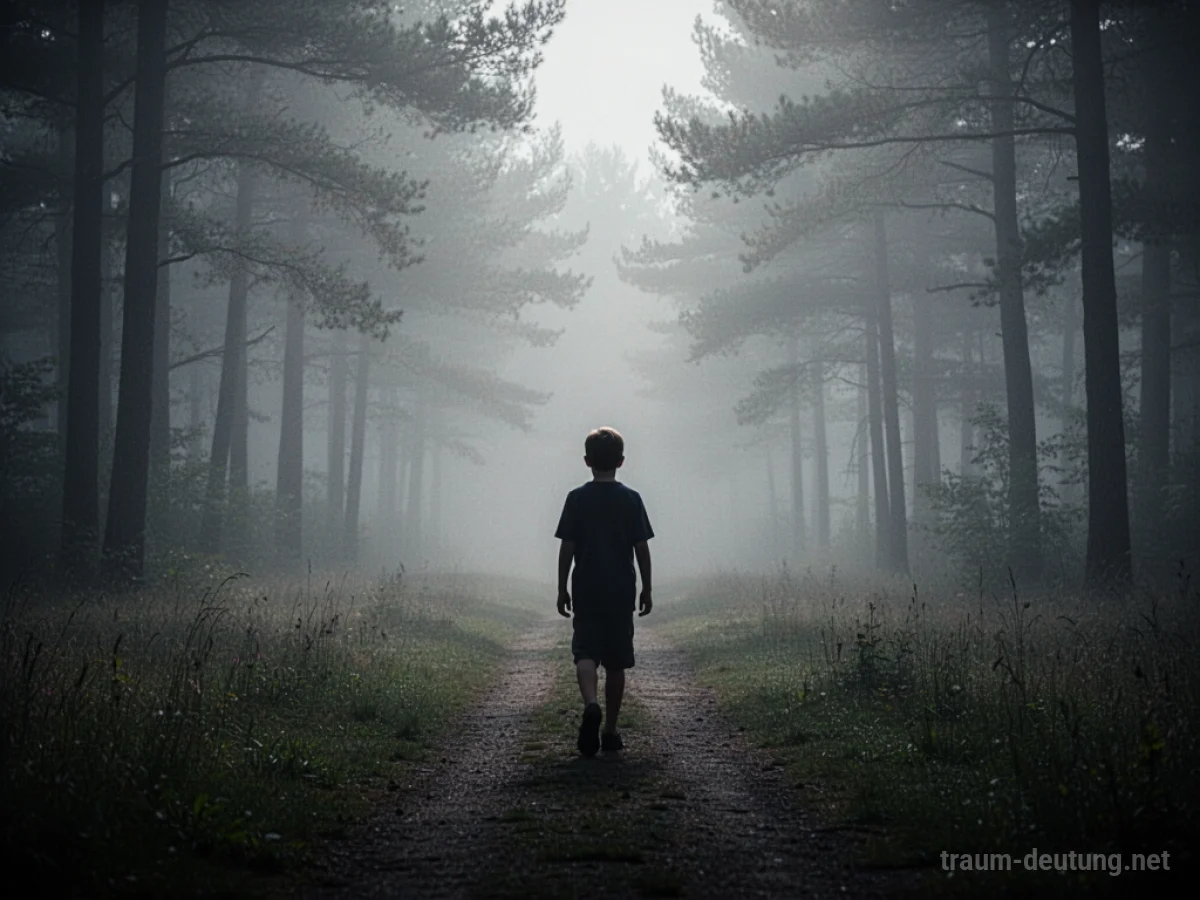 Silhouette eines Sohnes, der von einem Elternteil weg in einen Nebelwald läuft