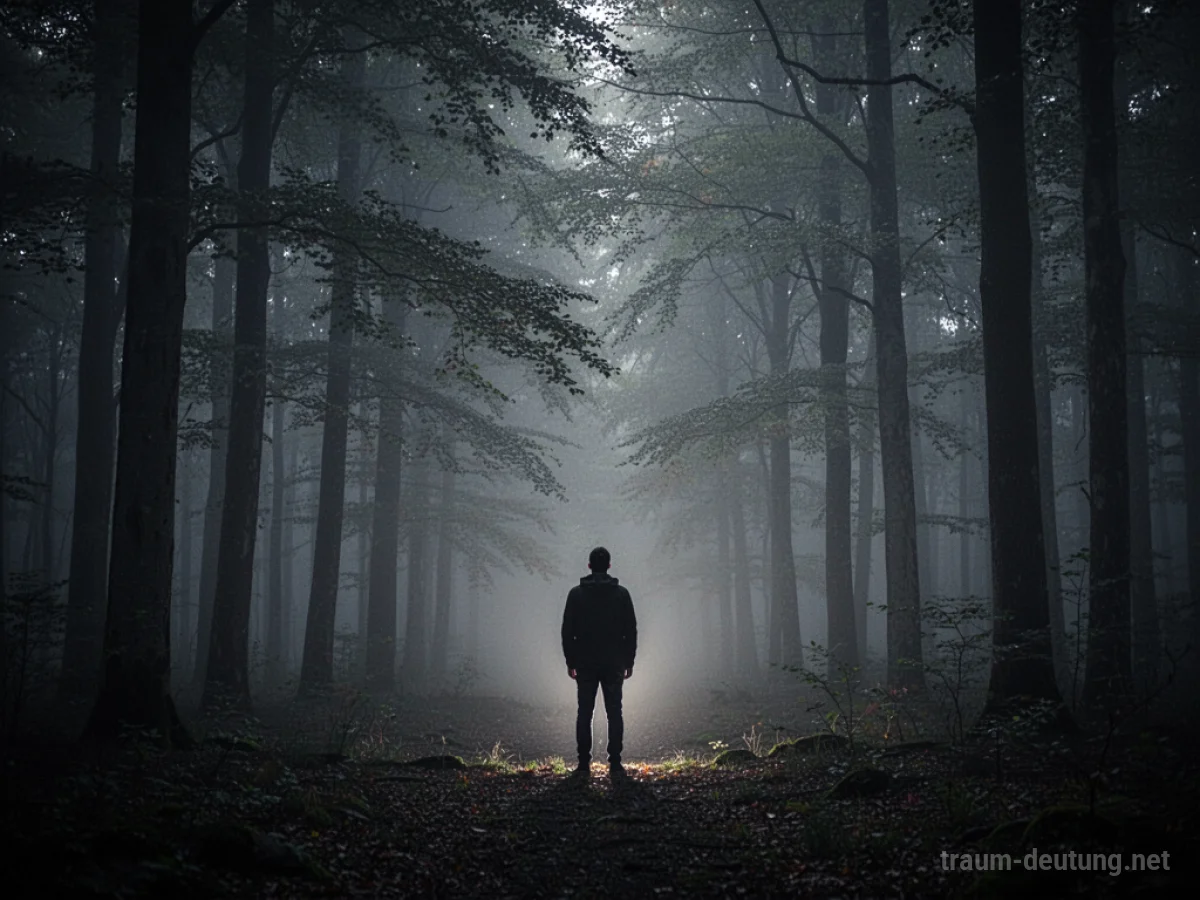 Silhouette einer Person, die in einen nebligen Wald blickt, den Sohn verloren.