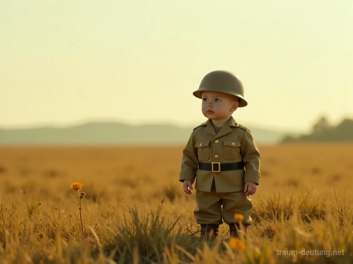 Kind in Soldatenuniform steht allein auf weitem Feld