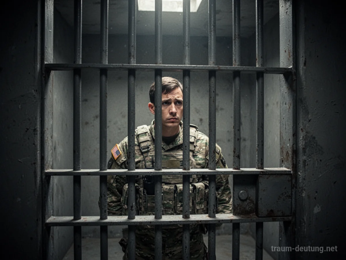 Soldat steht hinter Gefängnisgittern und blickt nach draußen.