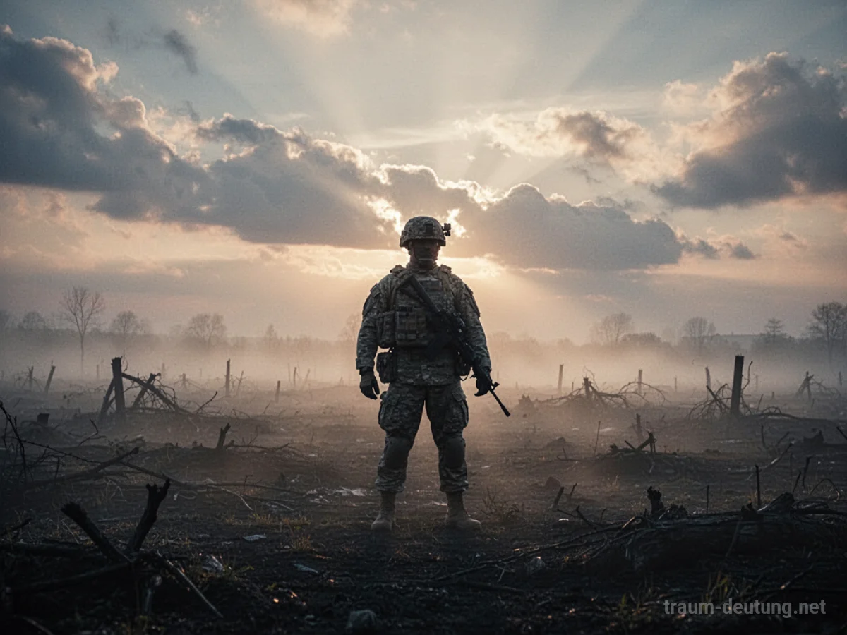 Silhouette eines Soldaten im Nebel auf einem Schlachtfeld bei Sonnenaufgang