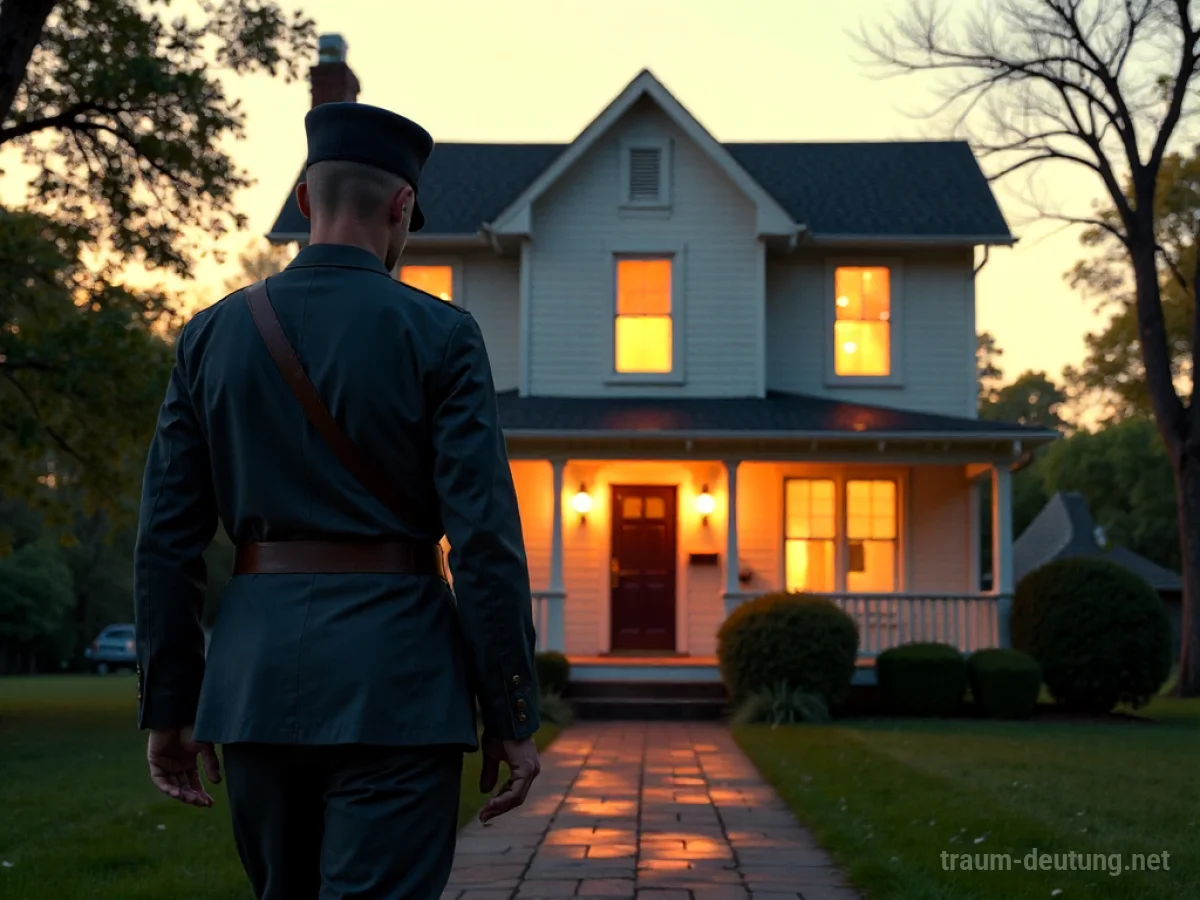 Ein Soldat geht auf ein hell erleuchtetes Haus zu.