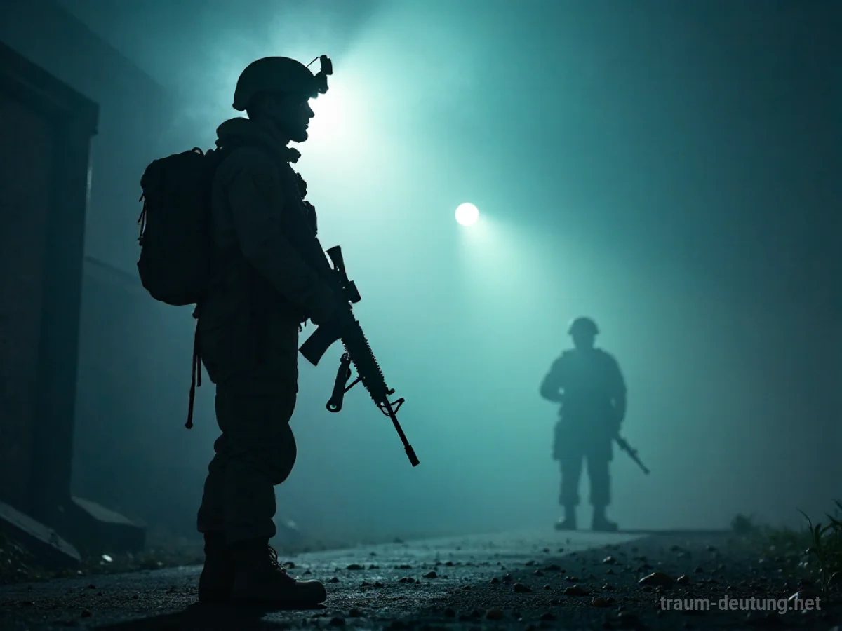 Silhouette eines Soldaten mit Gewehr in nebliger Umgebung