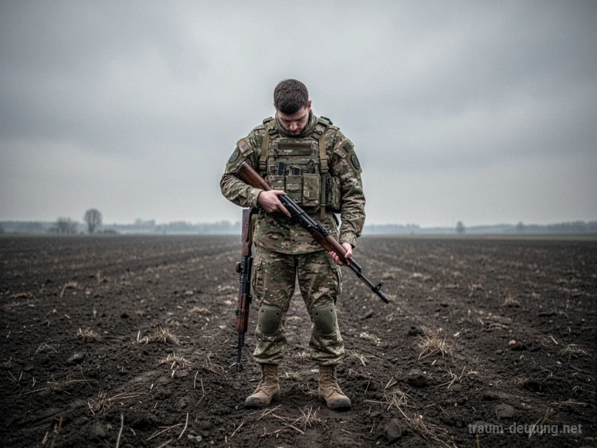Soldat steht im Traum ohne Waffe in einem leeren Feld