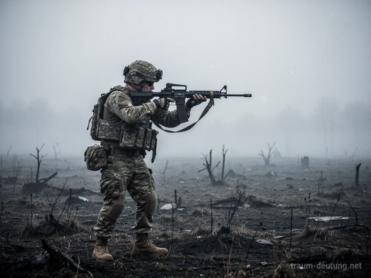 Ein Soldat zielt mit einem Gewehr in einer nebligen Landschaft.