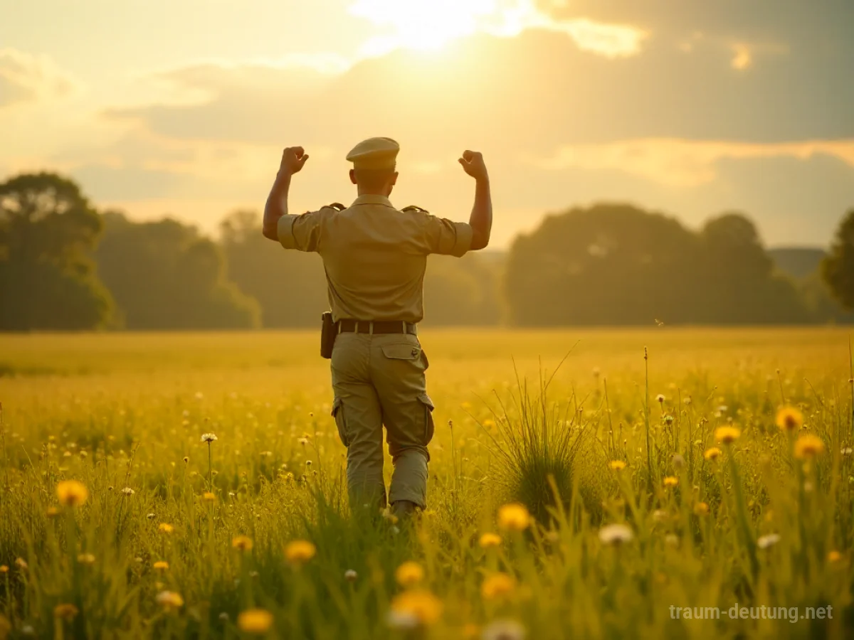 Ein Soldat tanzt fröhlich auf einer sonnigen Wiese.