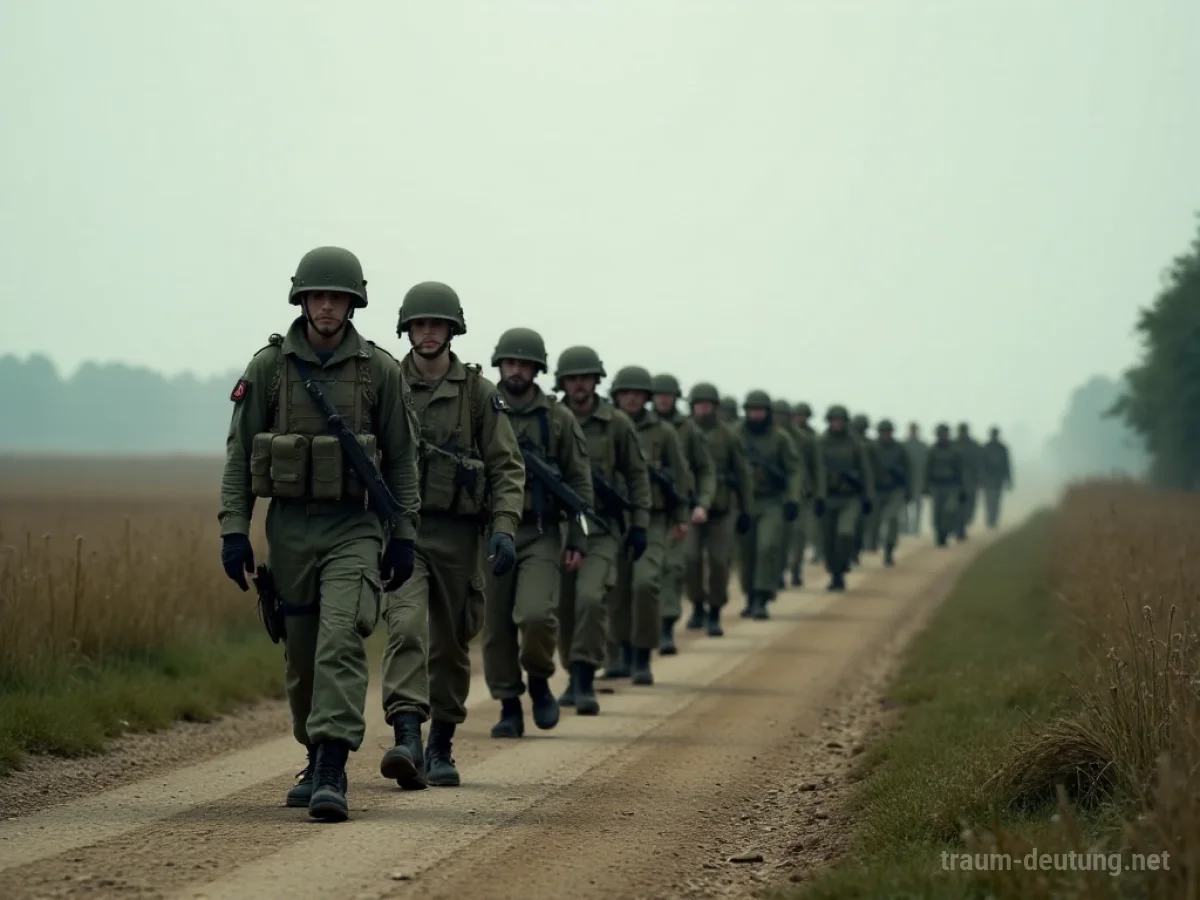 Militärische Formation von Soldaten, die synchron auf einer Straße marschieren.